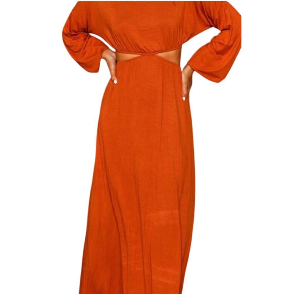 NWT Fantastic Fawn maxi in copper cut out waist & open back. Elastic waist